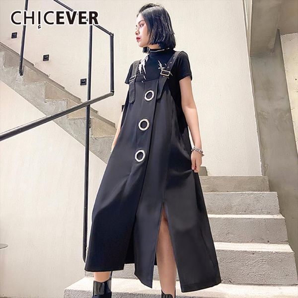 

chicever korean hollow out womens dress square collar pocket loose oversized side split midi dresses female summer 2021 fashion, Black;gray