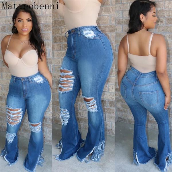 

tassel hem denim pants women's retro solid hole jeans ripped flare trousers street skinny high waist lady pants 2020 new1, Blue