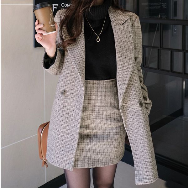 

plaid woolen coat suit autumn and winter new korean version of tooling high waist bag hip skirt 2-piece set for women 201130, White