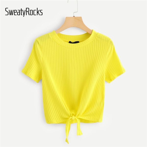 

sweatyrocks neon color knot front solid ribbed tee style fashion stretchy t-shirt summer casual women yellow tees and y200109, White
