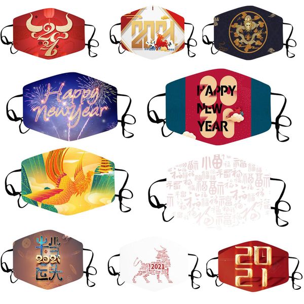 

2021 happy new year face masks with filter anti dust fog mouth cover breathable washable mask exquisite printed adjustable mask