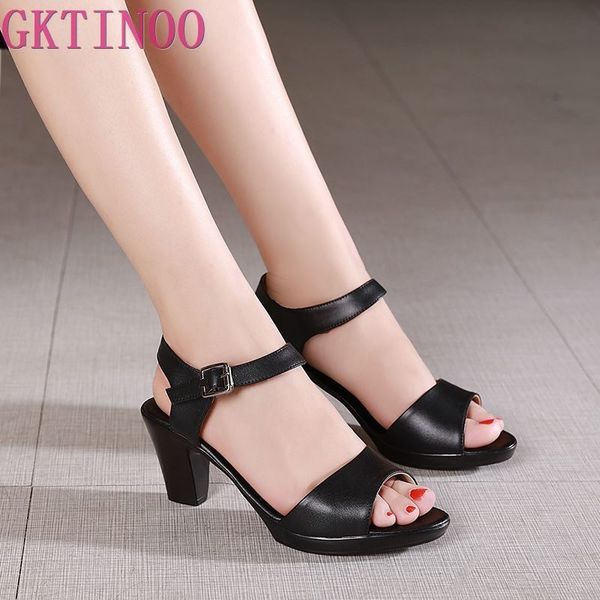 

gktinoo new open toe genuine leather sandals women shoes high heel sandals elegant fashion casual shoes women sandals plus size y200702, Black