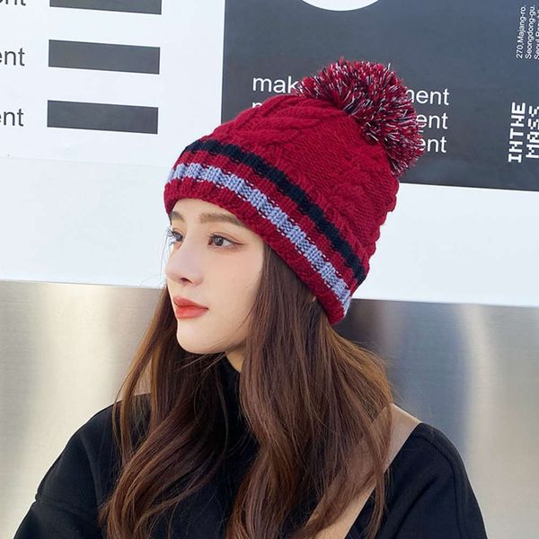 

girl winter warm twist knitting wool hair ball versatile headgear student leisure ear protection cold hat fashion, Black;green