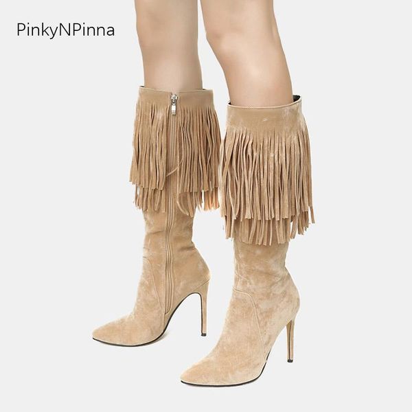 

boots women bohemian tassels fringe mid-calf warm winter long dancing vintage western 11cm stiletto heels plus size 44 43, Black