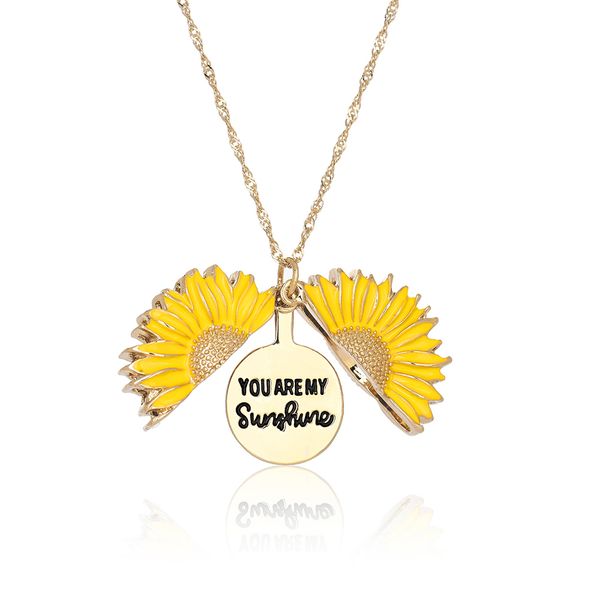 

women necklace pendant open you are my sunshine circle pattern yellow sliver gold plated sun flower necklace for women, Silver