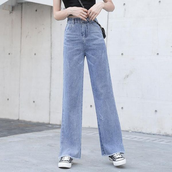

women's jeans summer thin hem high waist wide leg straight loose long for women s  l xl, Blue