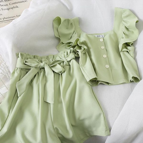 

sleeveless lotus edge patchwork tank broad legged shorts fashion women two piece outfits 2021 new ladies solid casual suit set, Gray