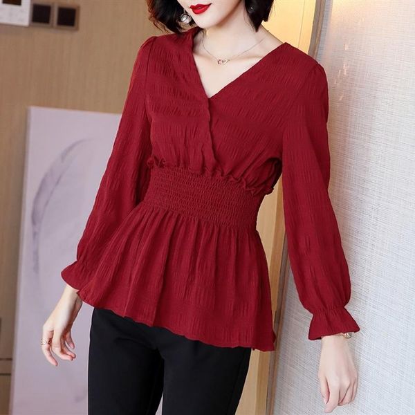 

2021 women's ruffle blouses slim spring ladies casual solid color long sleeve shirts female spring v neck red black, White