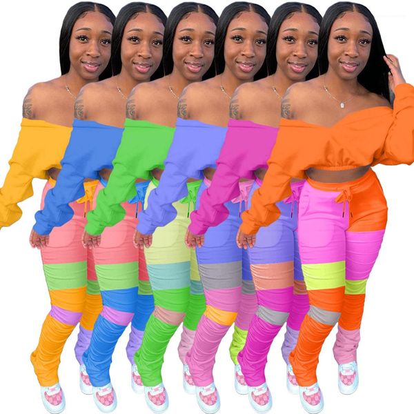 

pants sets panelled contrast color batwing sleeve casual woman two piece outfit womens clothing stacked, White