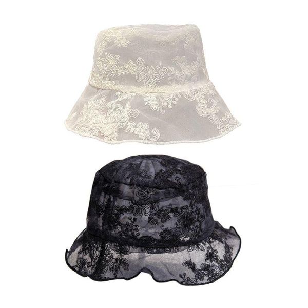 

Women Spring Lace Gauze Bucket Hat Embroidery Floral Ruffles Edge Trendy Sun Cap 2XPD, Blue;gray