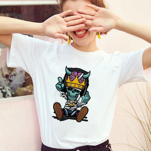

women's t-shirt fun skeleton printed t shirt harajuku o-neck female kawaii street summer casual clothing short sleeves tees, White