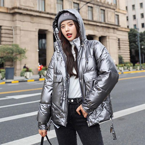 

winter short parkas shiny jackets hooded women thicken warm casual parkas coat female 2021 fashion windproof big pocket jackets1, Black