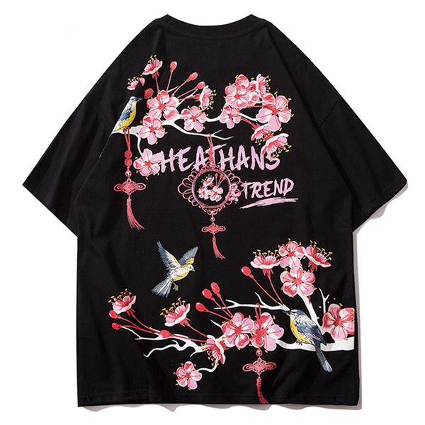 

new 2021 summer hip hop streetwear t-shirt mens bird plum blossom printed harajuku tshirts casual cotton short sleeve shirts black ck20, White;black