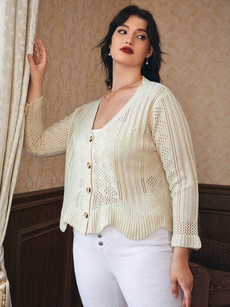 

plus open knit scallop trim cardigan q3qc#, Black