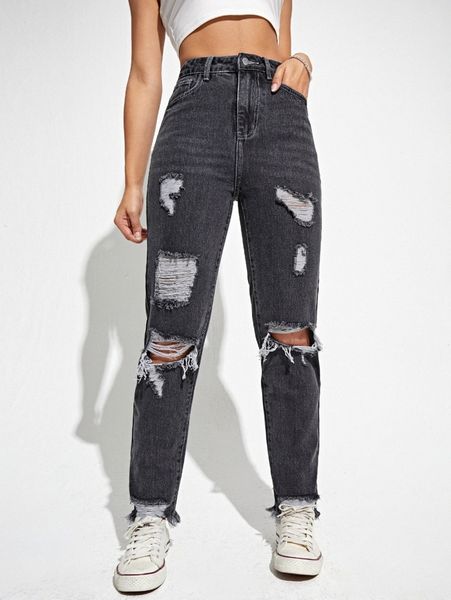

ripped raw hem mom jeans a8p9#, Blue