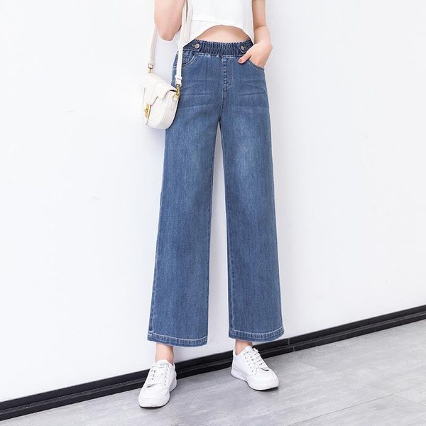 

summer 2020 wholesale wide-legged jeans elastic waist high waist female loose straight nine minutes of pants 20126 d1, Blue