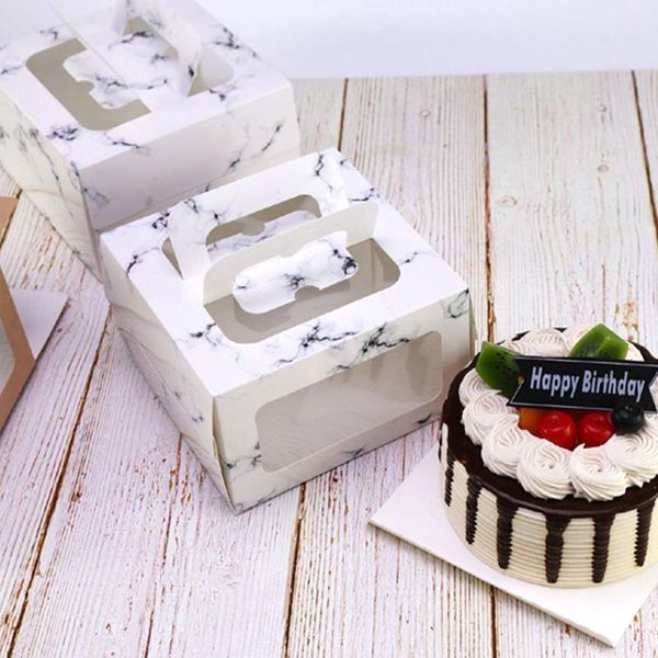 

4 inches birthday cake boxes with window kraft paper marble cheese cake box biscuits baking packing case for party1