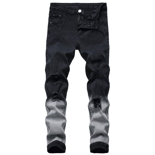 

2021 new autumn spring men's black patchwork streetwear hip hop stretch bike trendy holes straight denim trouers c0mi, Blue