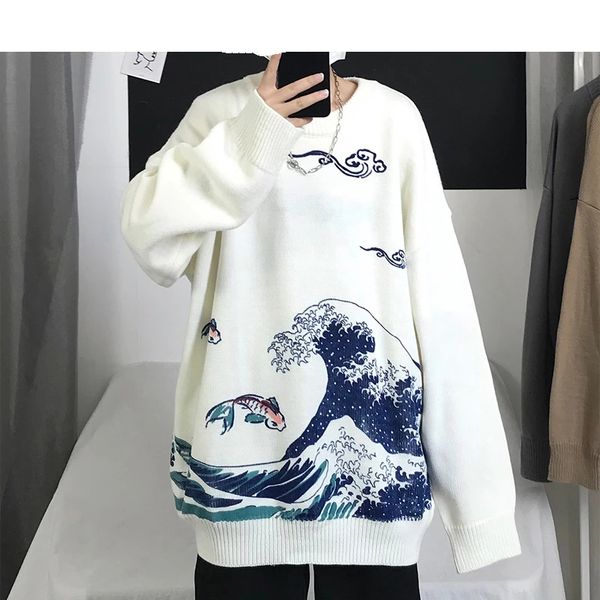 

men wave print harajuku sweater 2021 pullover mens korean knitted sweater male oversized streetwear christmas clothing, White;black