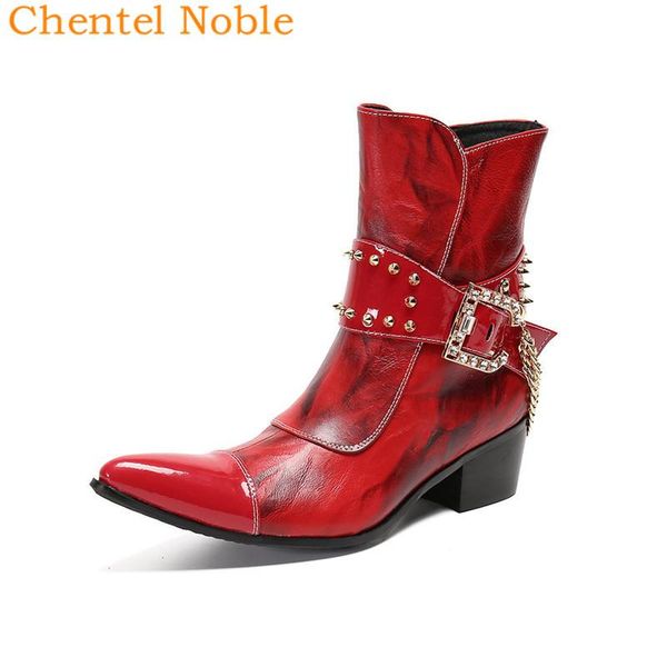 

boots 2021 chentel leather ankle chian men pointed toe zipper crystal shoes booties with rivets med heel red black