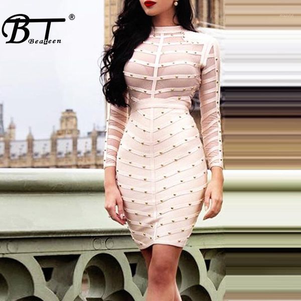 

beateen women long sleeve studded bandage dress knee length club mesh bodycon party dresses wholesale 2018, White;black