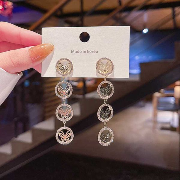 

korean version circle long butterfly earrings women delicate joker simple ins tide silver color party girls shiny ear accessorie