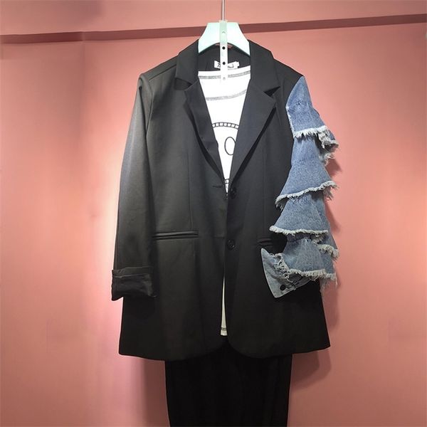 

[ewq] 2020 autumn ladies fashion blazer denim patchwork long ruffled sleeve loose single breasted suit coat women suits outwear lj201021, White;black