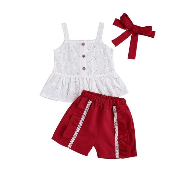 

1-4years baby girls clothes sets 3pcs single breasted sleeveless vest ruffles shorts headband, White