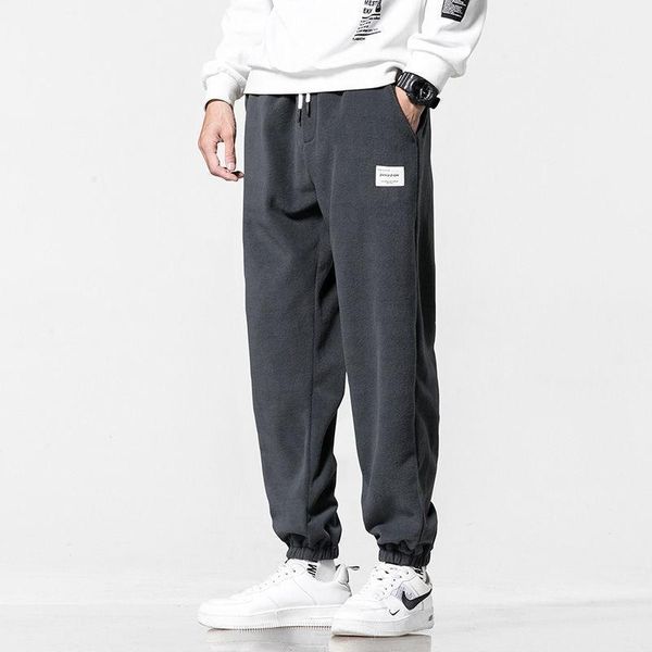 

fall/winter joggers cargo pants men fleece thick solid color lace-up feet loose hip hop sports casual japanese streetwear1, Black