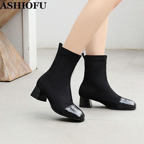 

ashiofu handmade womens 5cm boots patchwork leather party prom real pictures ankle booties large size fashion winter short boots1, Black