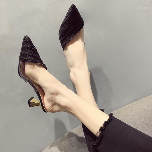 

dress shoes summer sandals pointed toe mixed color slippers middle heels ladies outside wear half women comfortable sandals1, Black