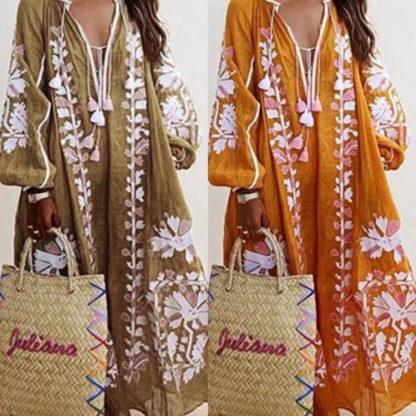 

lwokl women's loose new v-neck printed printed loose dress women's autumn new v-neck skirt long skirt sleeve sleeve long autumn dr, Black;gray