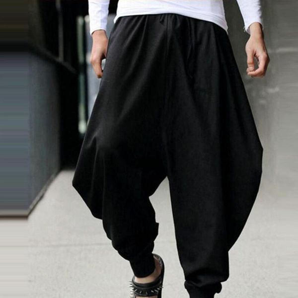 

hiphop men ankle tied drop crotch cotton trousers loose drawstring long pants male xmas, Black