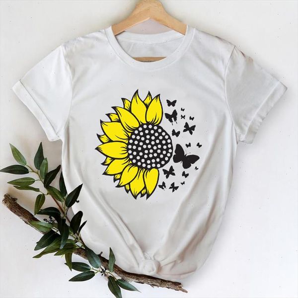 

t shirts for women 2021 floral sunflower butterfly spring summer printing lady print graphic tshirt female tee t shirt, White
