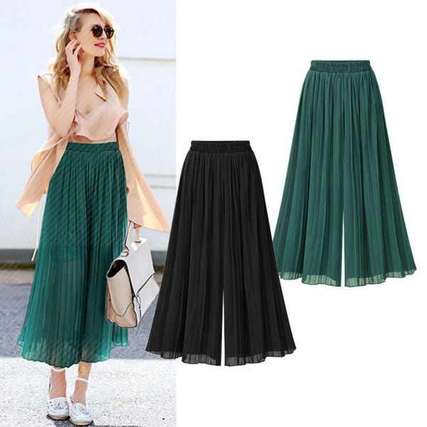 

women's summer new loose pleated large chiffon wide legged pants, Black;gray