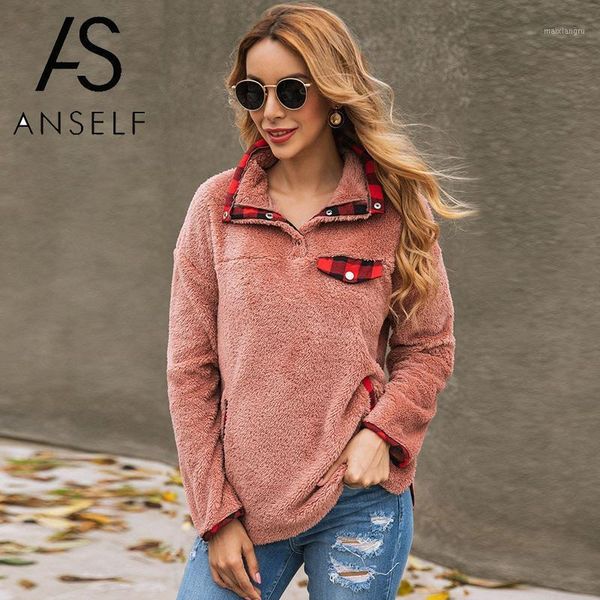 

2019 autumn tunics women warm fleeces sweatshirt fluffy hoodies turtleneck plaid buttoned pockets pullovers female outwear1, Black