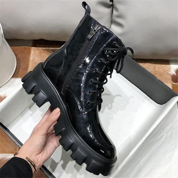 

женская коренастый обувь платформа женщины ботильоны женщины осень зима панк мотоцикл сапоги круглый toe черный шнуровка 2020, Black