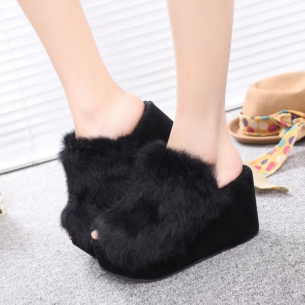 

female korean version of high heel rabbit hair flip-flops with sponge cake and maomao slippers x1020, Black