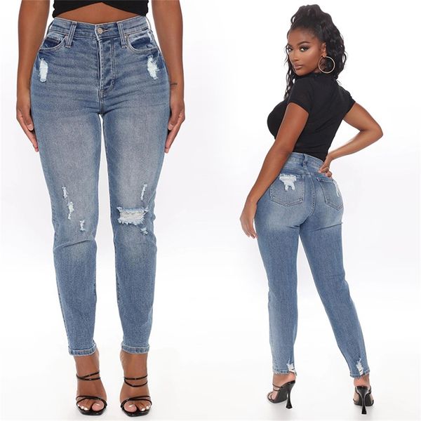

autumn hole tight women's high elastic denim pants are super hot, Blue