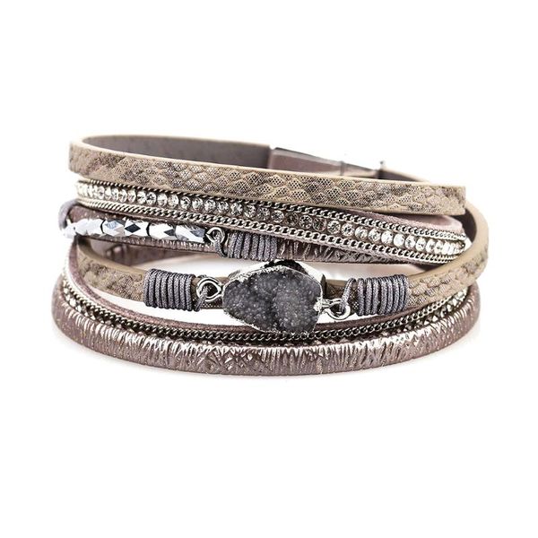 

magnetic buckle women bracelet stone unique gift charm elegant long pu leather fashion multiple layers wristband bangle casual, Golden;silver