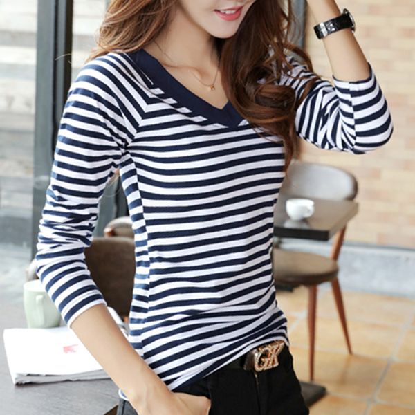 

t shirt women 2020 four seasons new shirts long sleeve tshirt striped female t-shirt women's tee shirt fashion femme y200412, White
