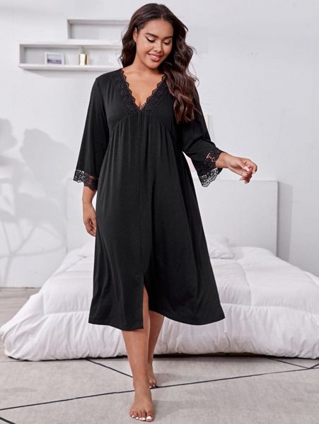 

plus contrast lace slit hem night dress 54vc#, Black;white