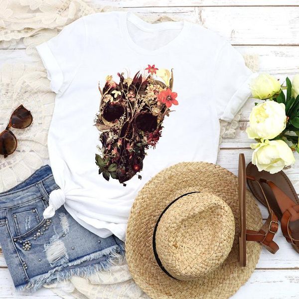 

women graphic lady fashion floral face 90s fashion horror skull tees print t shirt clothing female shirt womens t-shirt, White