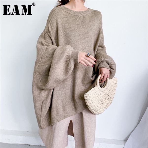 

[eam] oversized gray knitting sweater loose fit round neck long sleeve women pullovers new fashion autumn winter 2020 lj201127, White;black