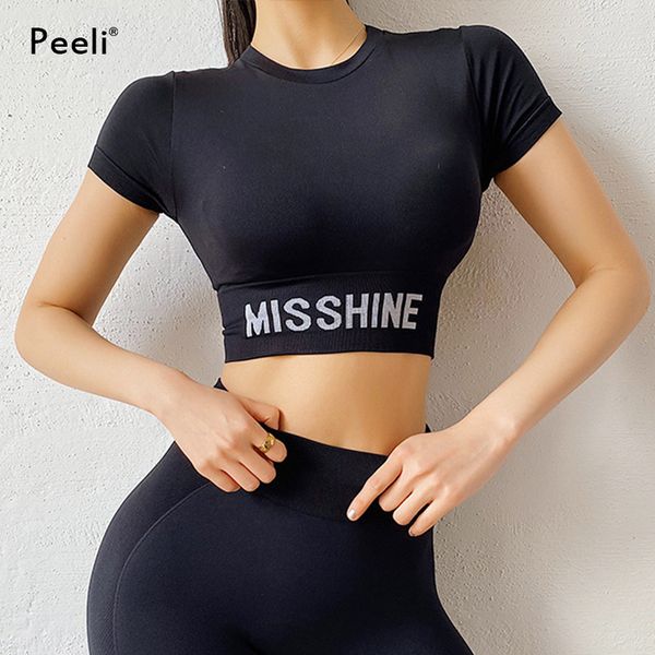 

peeli с коротким рукавом gym top спорт shirt женщины йога top фитнес обрезанные top спорт бег активный износ дышащий тренировки футболки, White;red