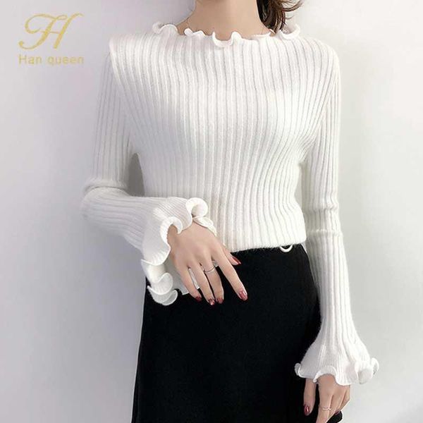 

h han queen lotus leaf flare sleeves women pullover sweater jumper knitted sweaters basic fashion autumn ladies clothes1, White;black