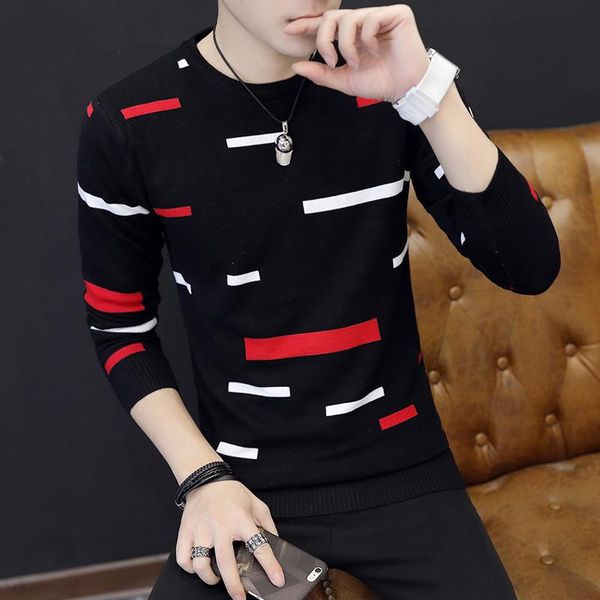 

autumn men's trend round neck long sleeve knit slim korean pullover, White;black