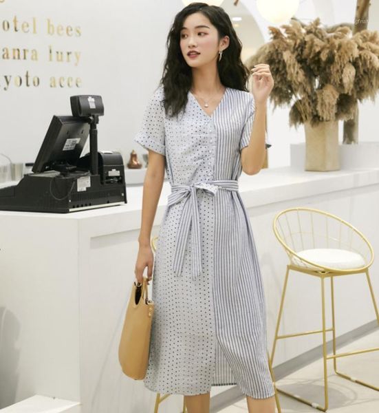 

v collar french classic dresses famale summer women's new striped stitching dot print short sleeve vent hem dress v9831, Black;gray