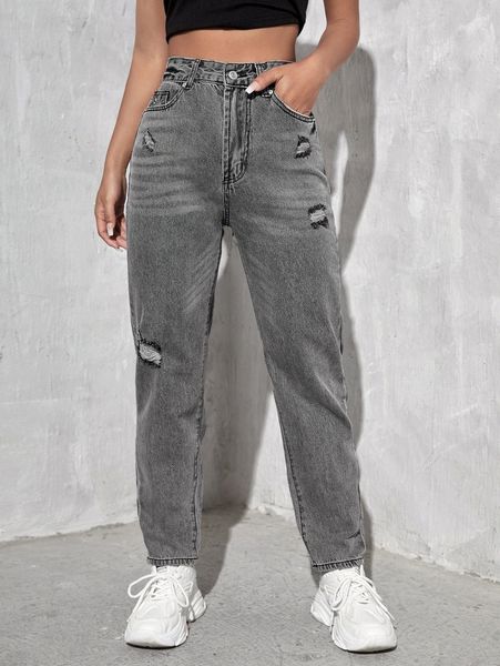 

high waist ripped mom jeans 728b#, Blue