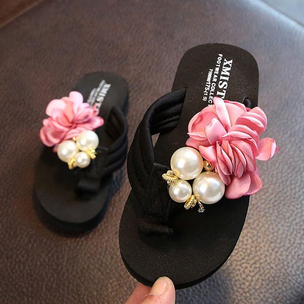 

slipper childrens slippers sweet girls lovely pearl baby beach shoes anti-skid parent child flower flip flog 25-42#, Black;grey